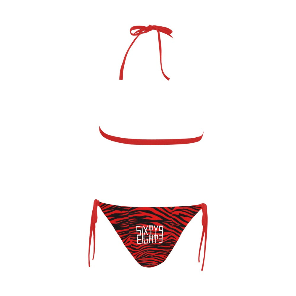 Sixty Eight 93 Logo White Zebra Red Halter Bikini Swimsuit