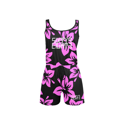 Sixty Eight 93 Logo White Hibiscus Pink & Black Women's Sleeveless Short Jumpsuit