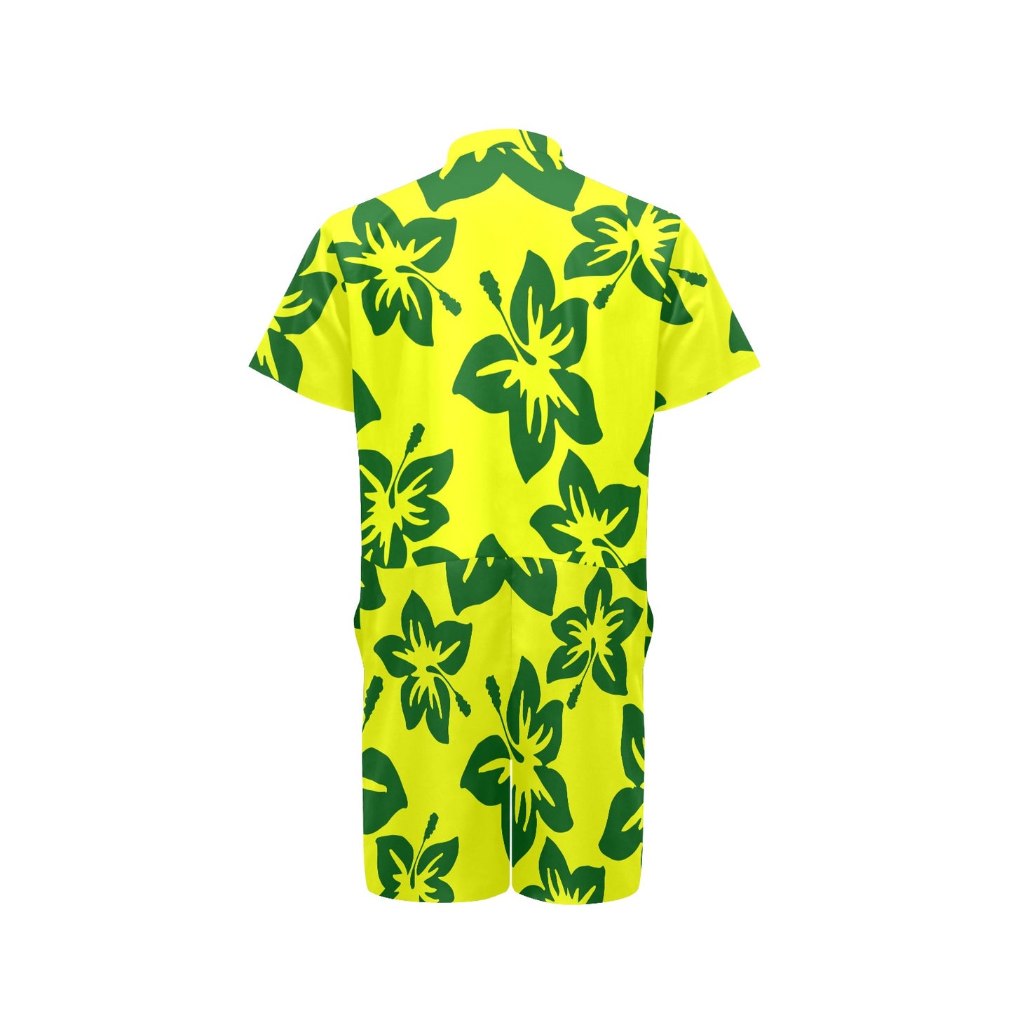 Sixty Eight 93 Logo White Hibiscus Forest Green & Yellow Men's Short Sleeve Jumpsuit