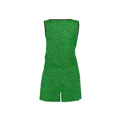 Sixty Eight 93 Logo White Cheetah Lime Green Women's Sleeveless Short Jumpsuit