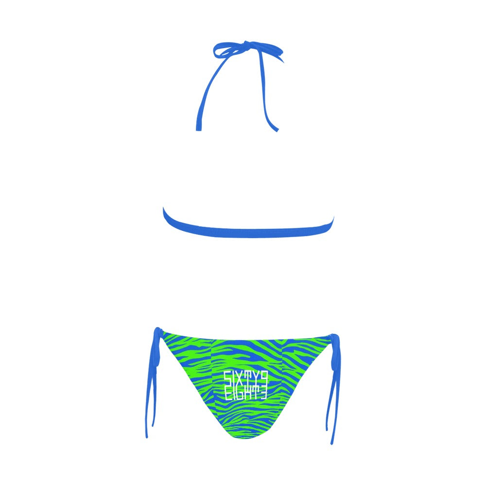 Sixty Eight 93 Logo White Zebra Blueberry Lime Halter Bikini Swimsuit