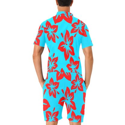 Sixty Eight 93 Logo White Hibiscus Red & Aqua Blue Men's Short Sleeve Jumpsuit