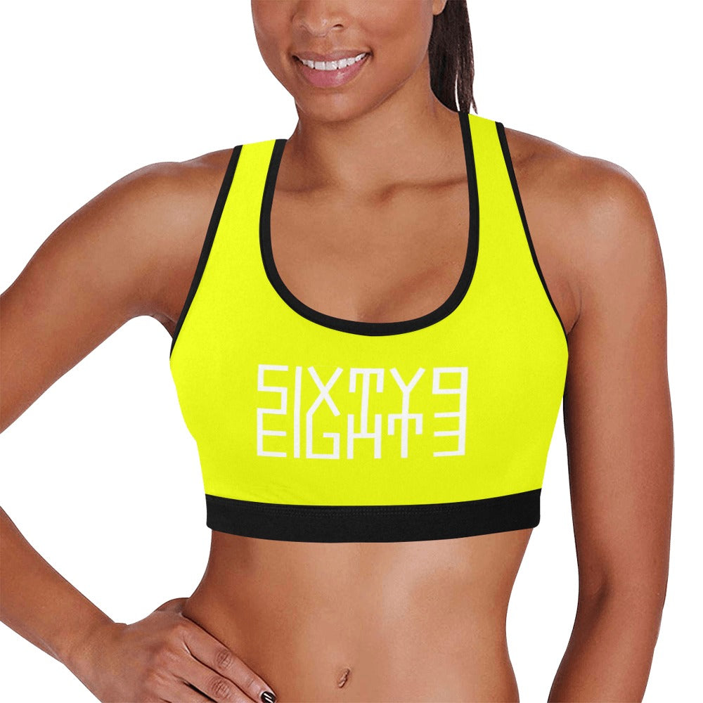 Sixty Eight 93 Logo White Yellow & Black Sports Bra