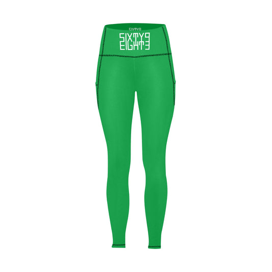 Sixty Eight 93 Logo White Brazil Green High Waist Leggings with Pockets