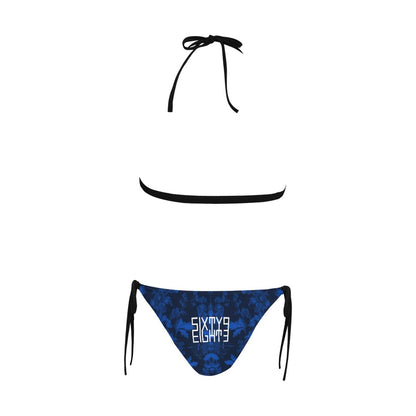 Sixty Eight 93 Logo White Floral Blue & Black Halter Bikini Swimsuit