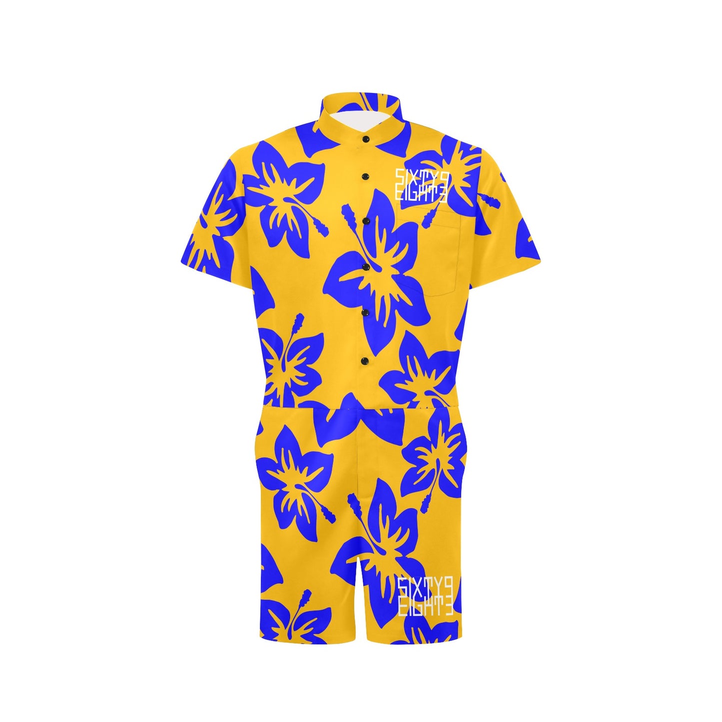 Sixty Eight 93 Logo White Hibiscus Blue & Orange Men's Short Sleeve Jumpsuit