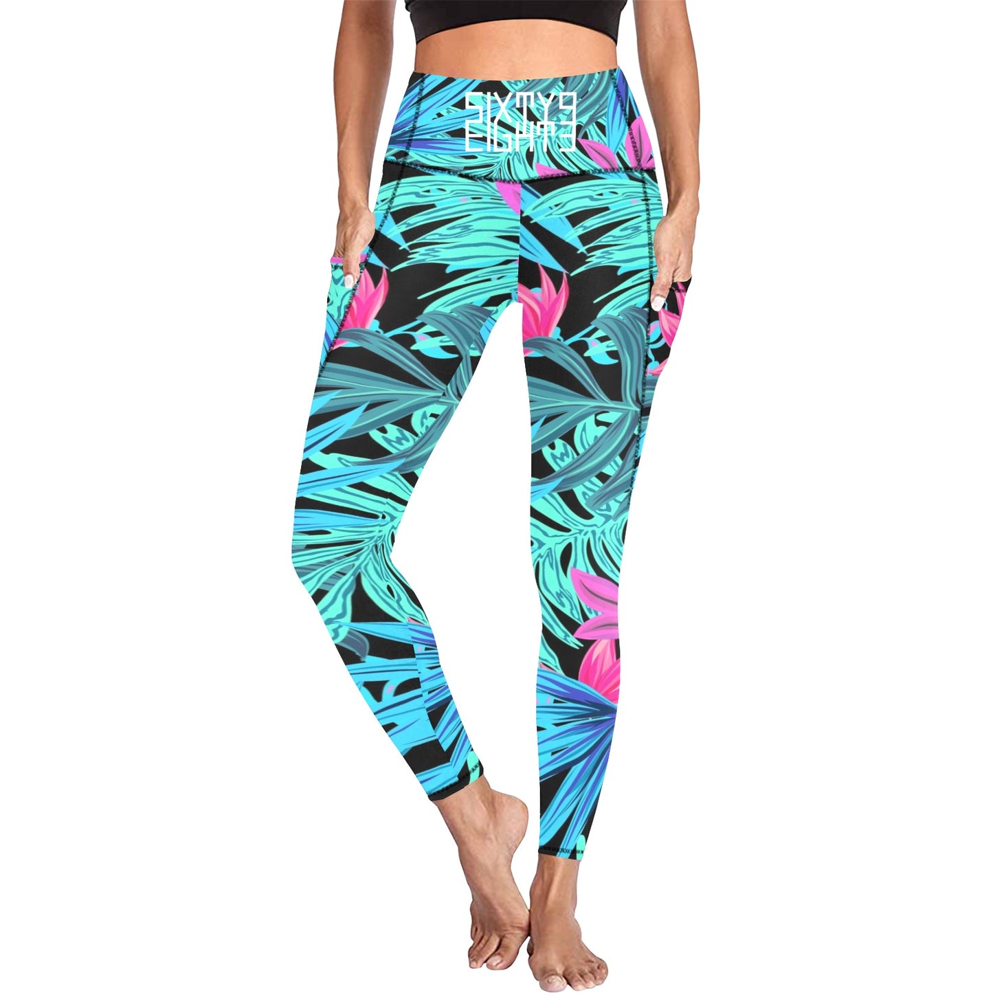 Sixty Eight 93 Logo White Tropical 1.0 High Waist Leggings with Pockets