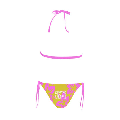 Sixty Eight 93 Logo White Hibiscus Pink & Gold Halter Bikini Swimsuit