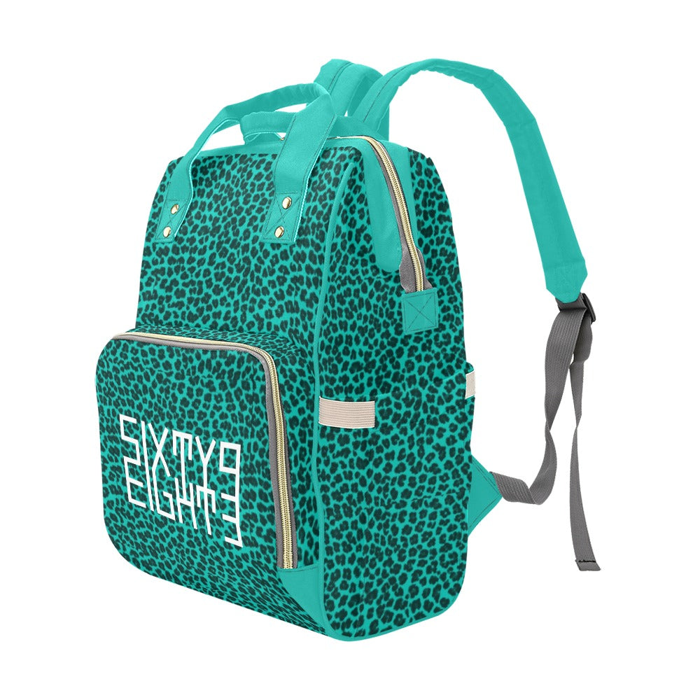 Sixty Eight 93 Logo White Cheetah Aqua Blue Multi-Function Backpack