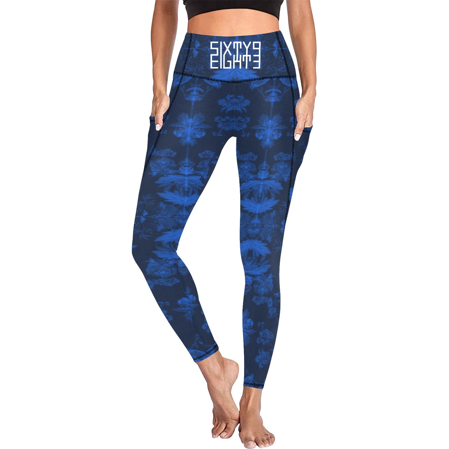Sixty Eight 93 Logo White Floral Blue & White High Waist Leggings with Pockets