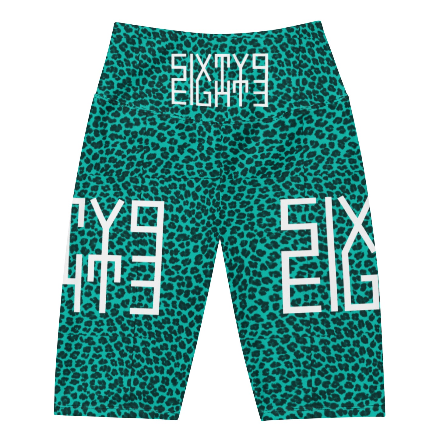 Sixty Eight 93 Logo White Cheetah Aqua Blue Biker Shorts