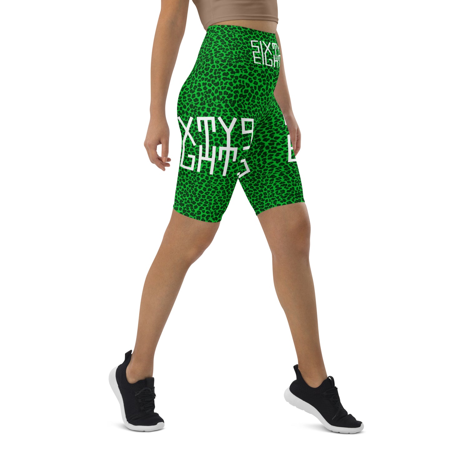 Sixty Eight 93 Logo White Cheetah Lime Green Biker Shorts