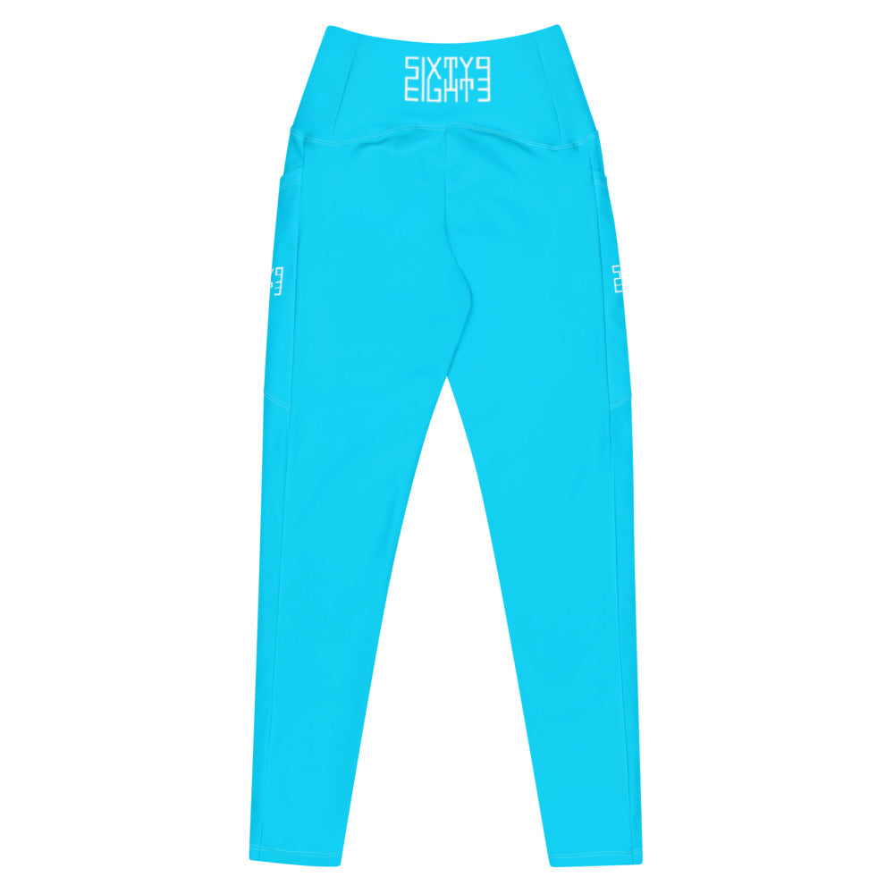 Sixty Eight 93 Logo White Aqua Blue Crossover Leggings with pockets