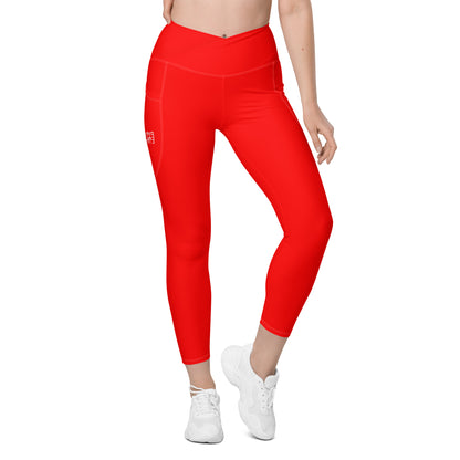 Sixty Eight 93 Logo White Red Crossover Leggings with pockets