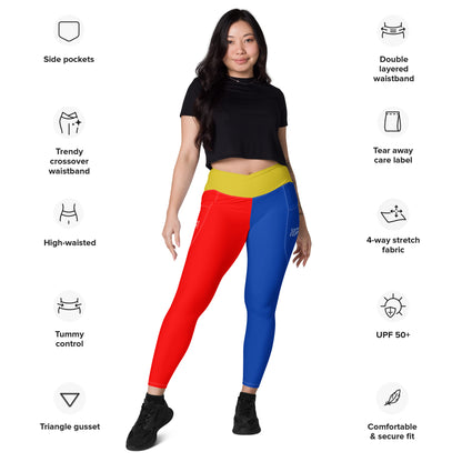 Sixty Eight 93 Logo White Blue Gold Red Crossover Leggings with pockets