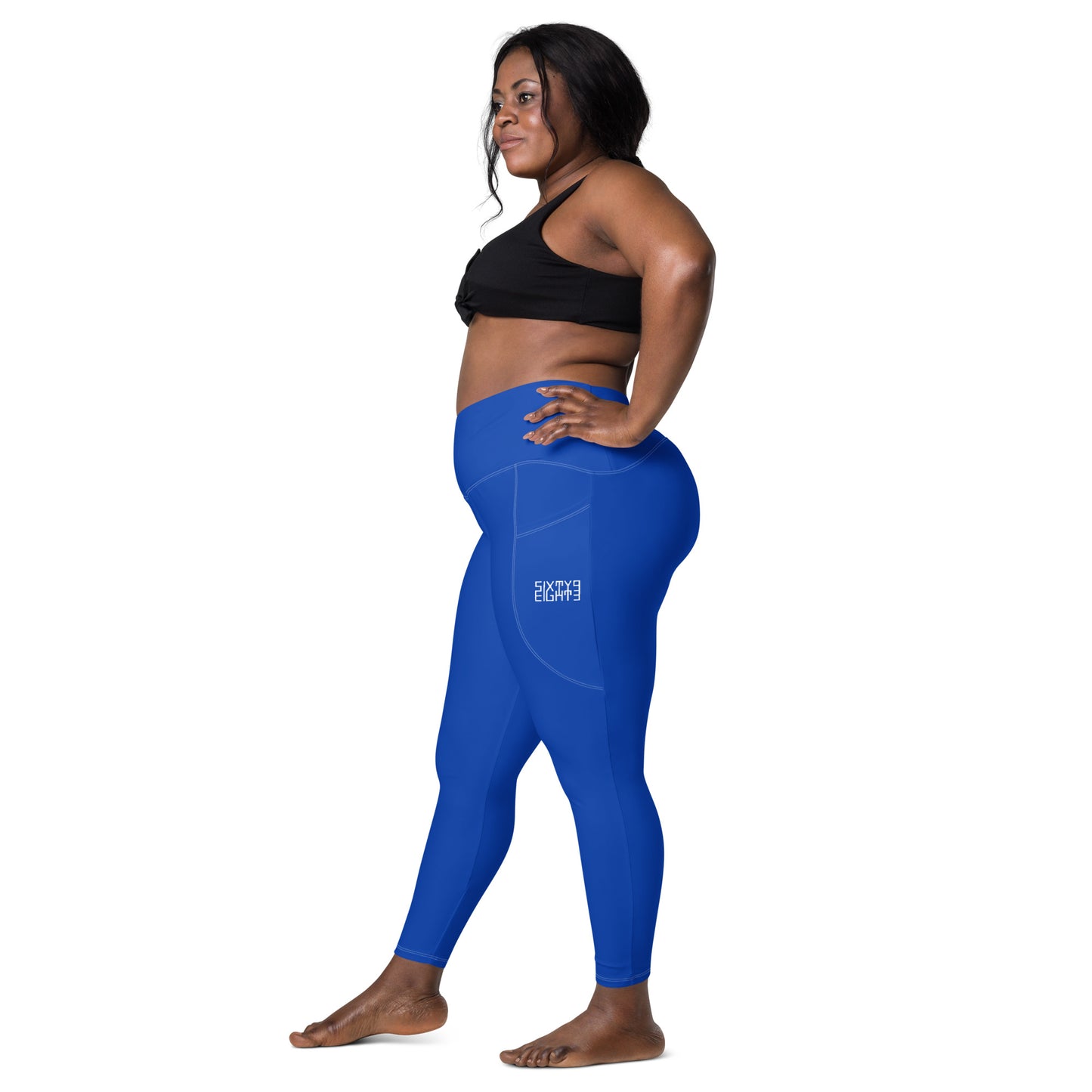 Sixty Eight 93 Logo White Blue Crossover Leggings with pockets
