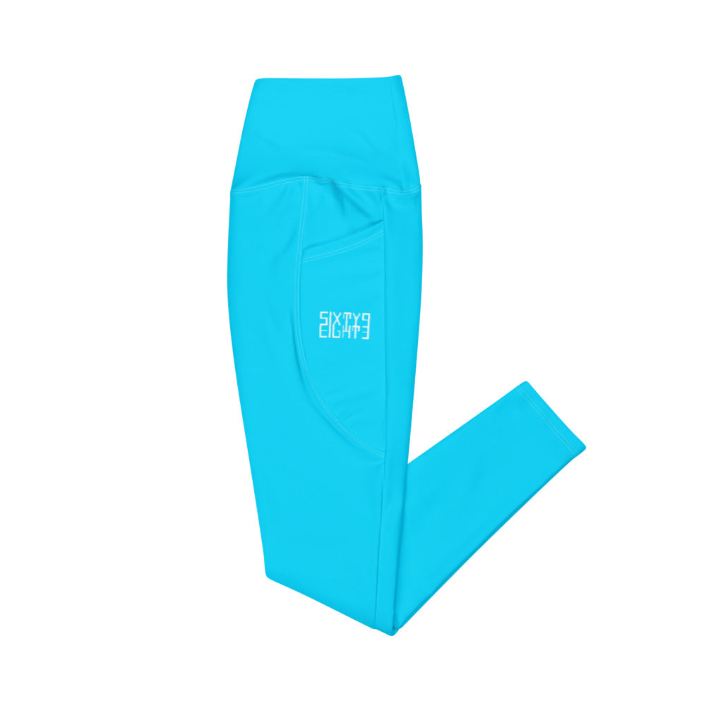 Sixty Eight 93 Logo White Aqua Blue Crossover Leggings with pockets