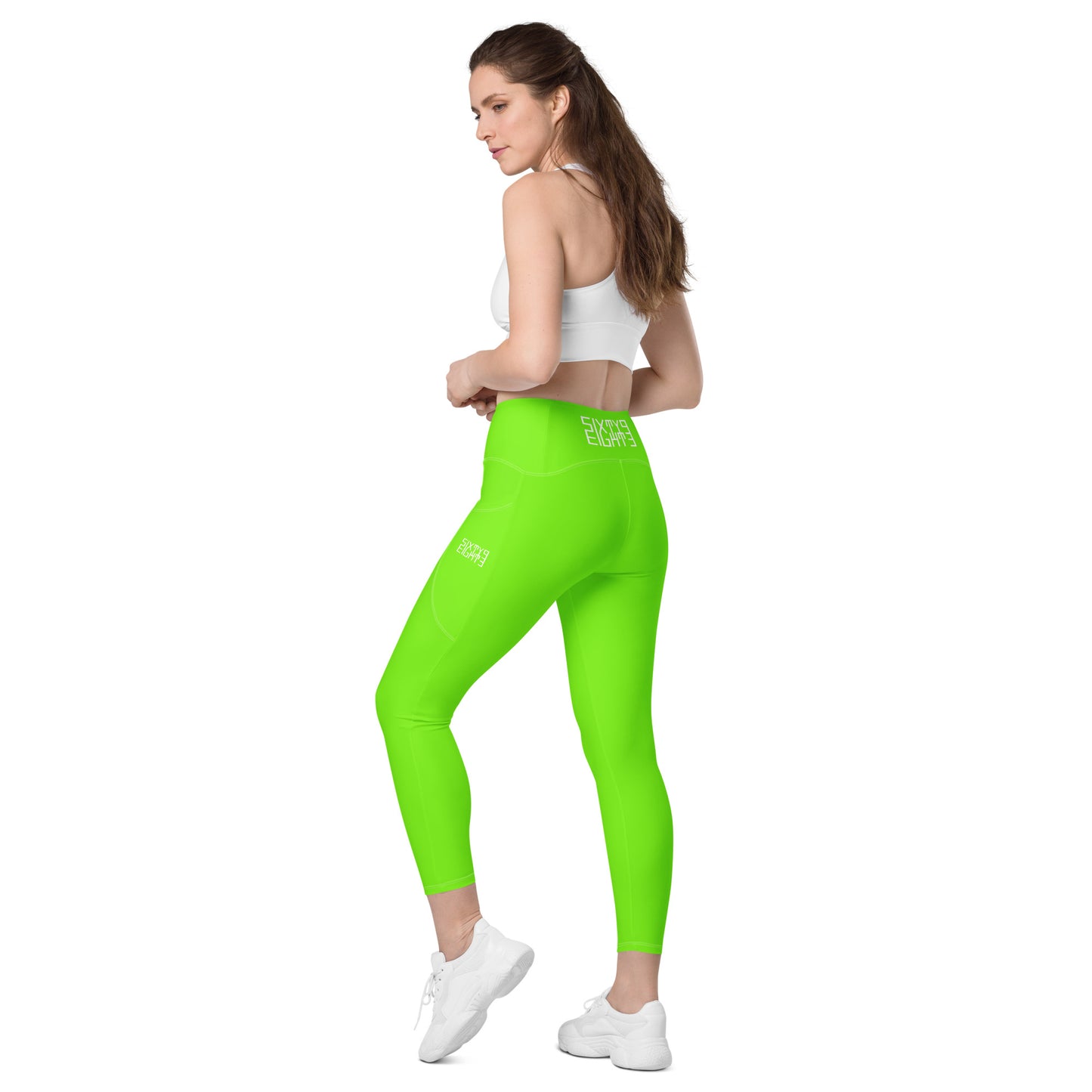 Sixty Eight 93 Logo White Lime Green Crossover Leggings with pockets