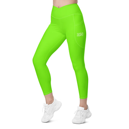 Sixty Eight 93 Logo White Lime Green Crossover Leggings with pockets