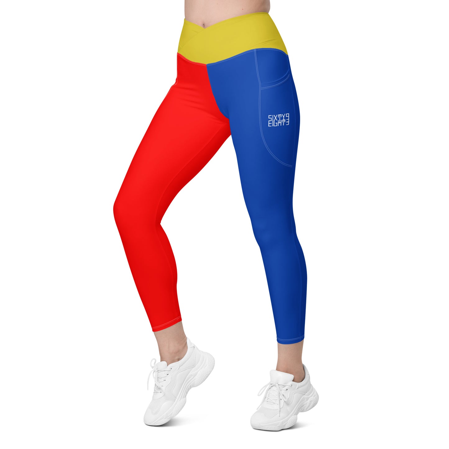 Sixty Eight 93 Logo White Blue Gold Red Crossover Leggings with pockets