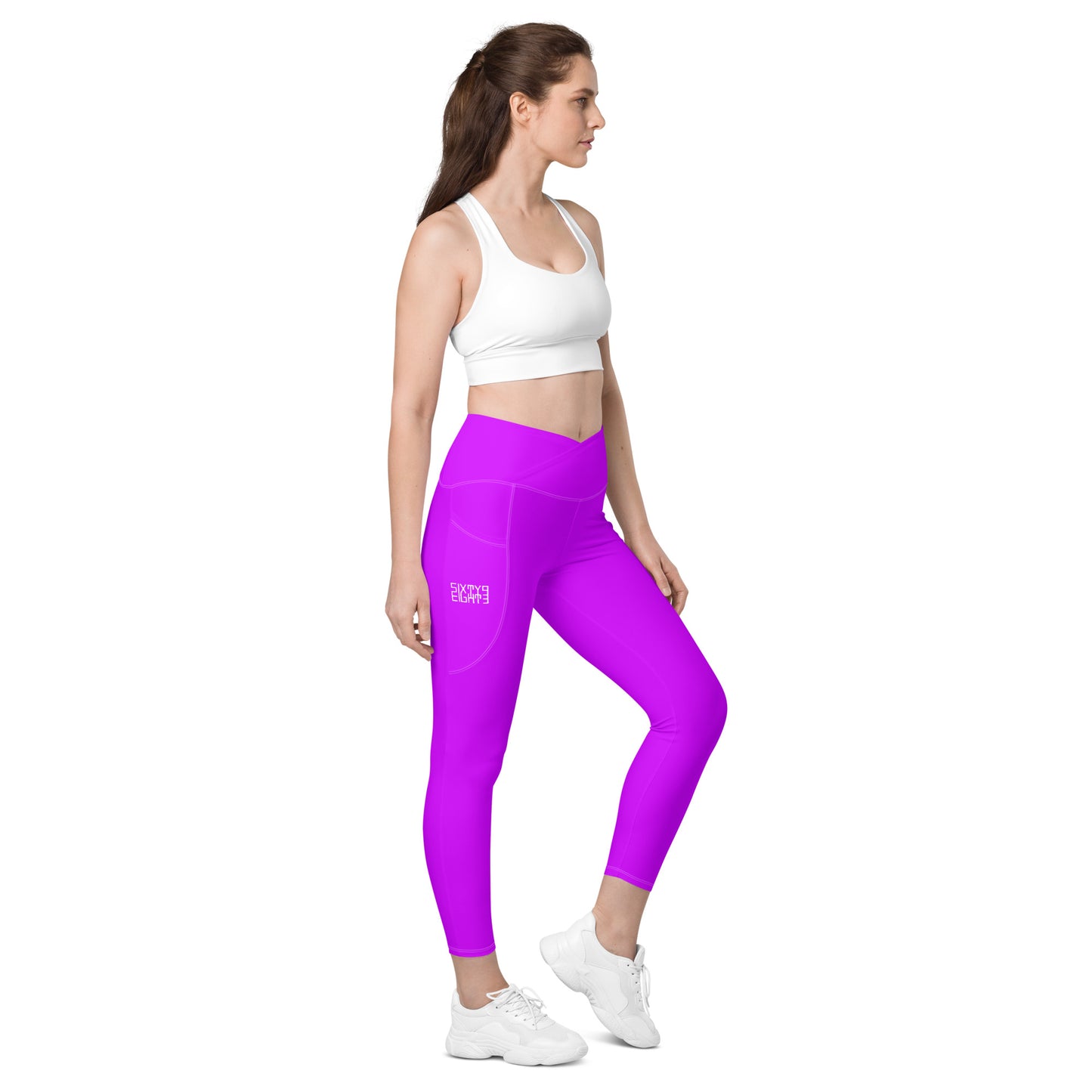 Sixty Eight 93 Logo White Purple Crossover Leggings with pockets