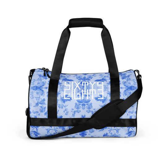 Sixty Eight 93 Logo White Floral Blue and White Gym Bag