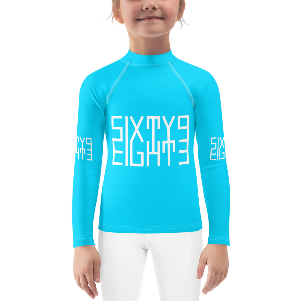 Sixty Eight 93 Logo White & Aqua Blue Kids Rash Guard