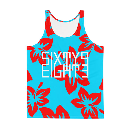 Sixty Eight 93 Logo White Hibiscus Red & Aqua Blue Men's AOP Tank Top