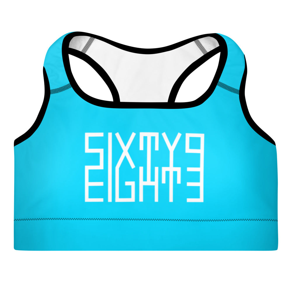 Sixty Eight 93 Logo White Aqua Blue Padded Sports Bra