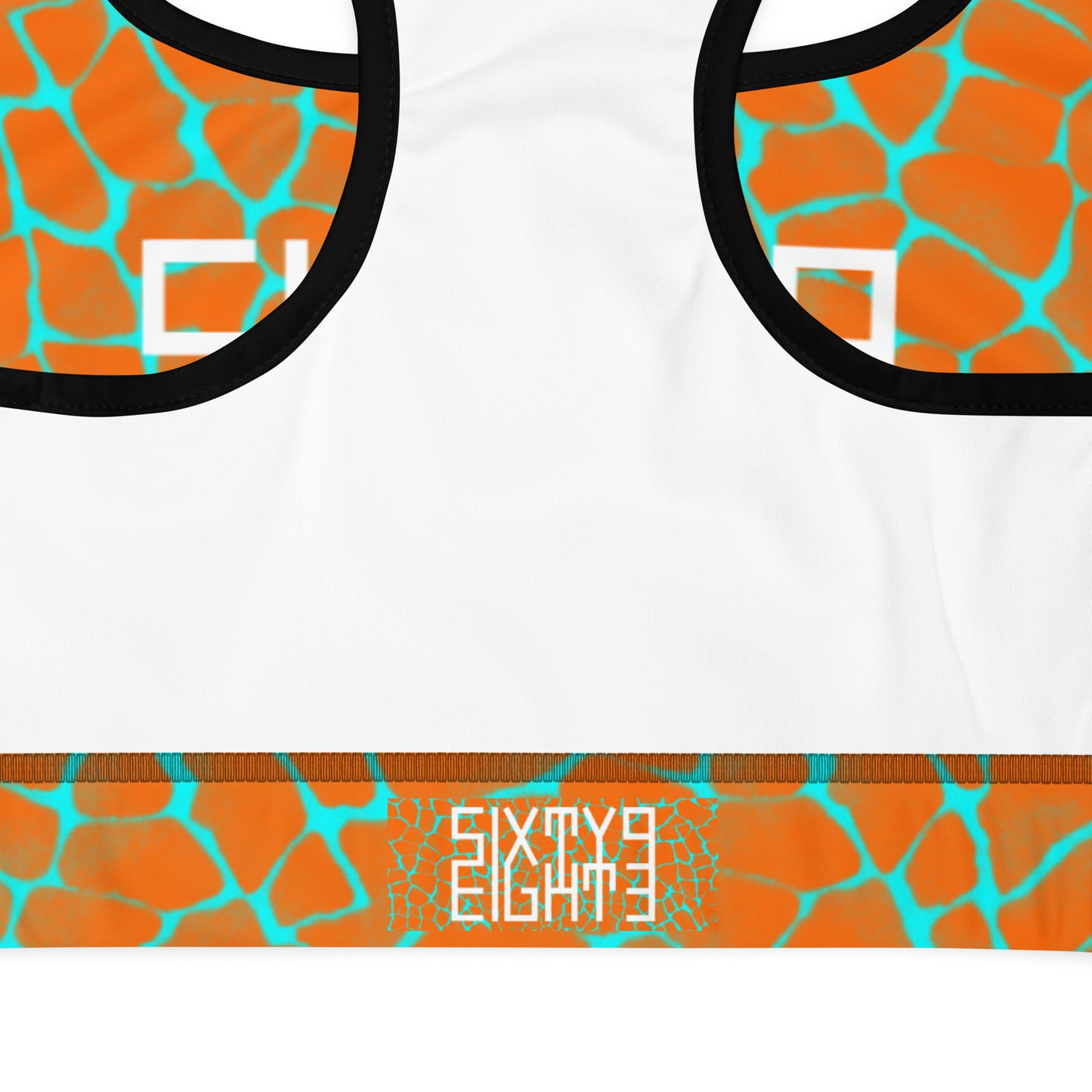 Sixty Eight 93 Logo White Boa Orange & Aqua Blue Padded Sports Bra