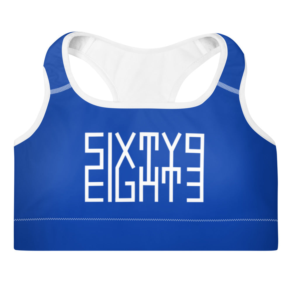 Sixty Eight 93 Logo White Blue Padded Sports Bra