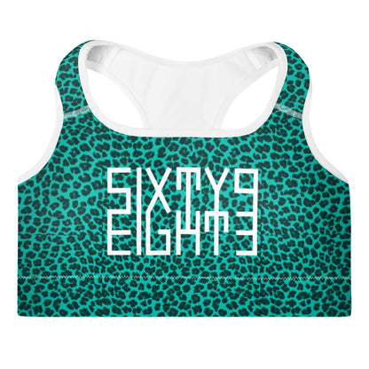 Sixty Eight 93 Logo White Cheetah Aqua Blue Padded Sports Bra
