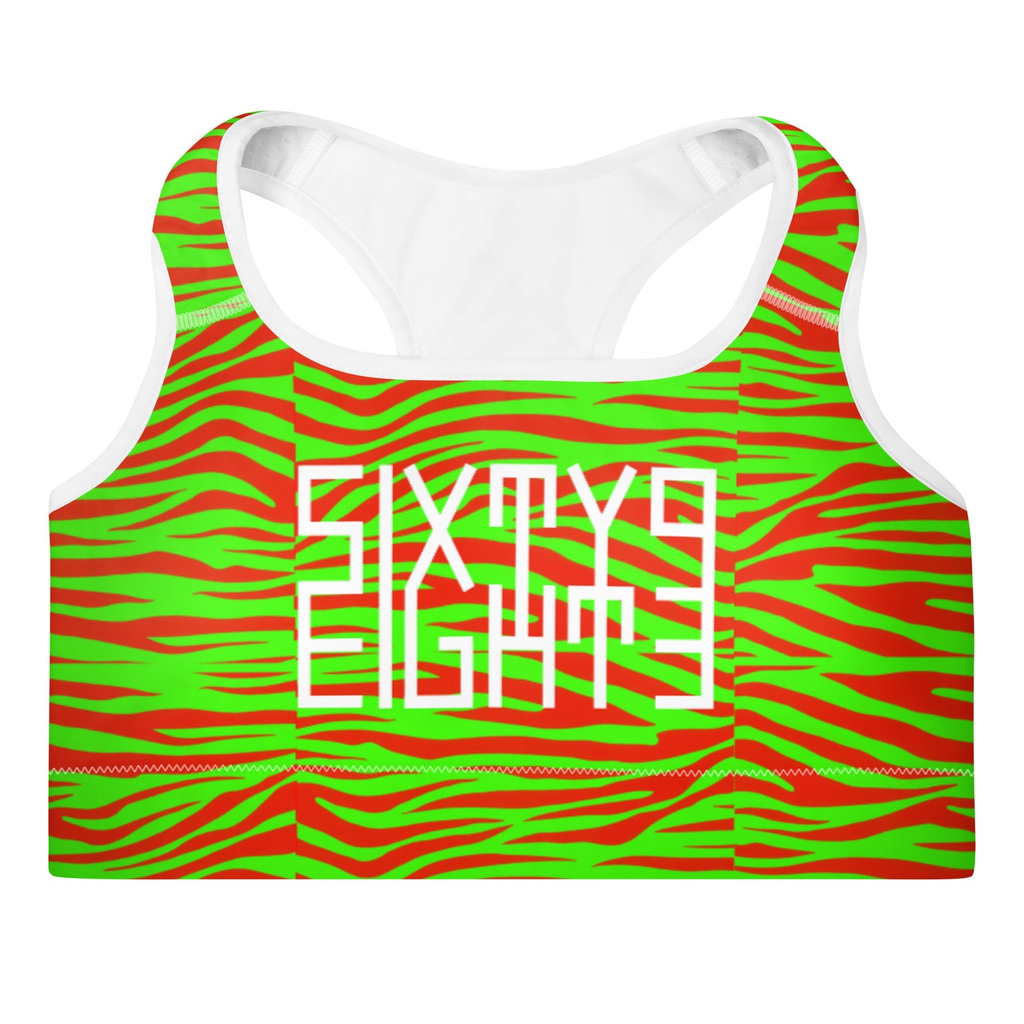 Sixty Eight 93 Logo White Zebra Strawberry Lime Padded Sports Bra
