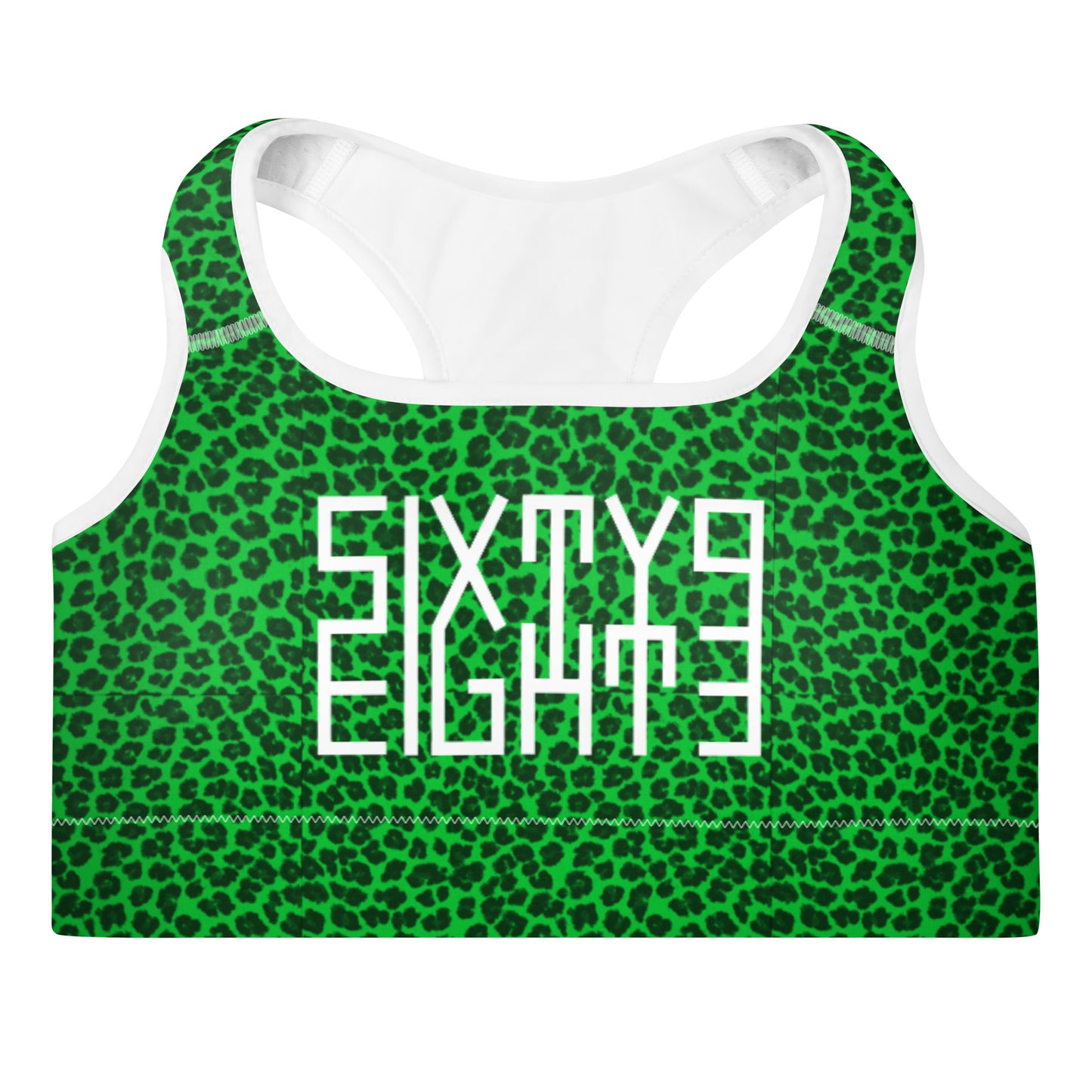 Sixty Eight 93 Logo White Cheetah Lime Green Padded Sports Bra