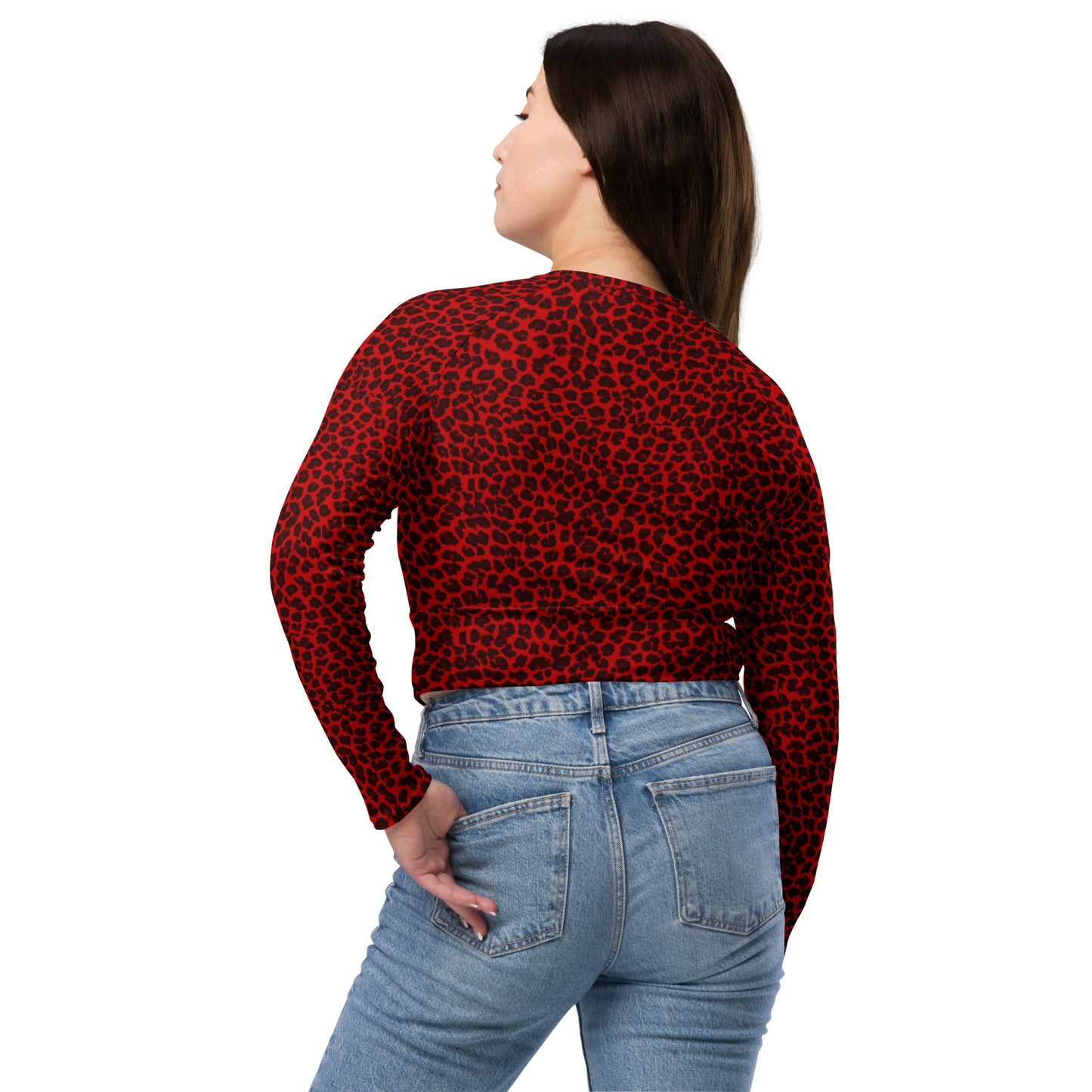 Sixty Eight 93 Logo White Cheetah Red Recycled Long-Sleeve Crop Top