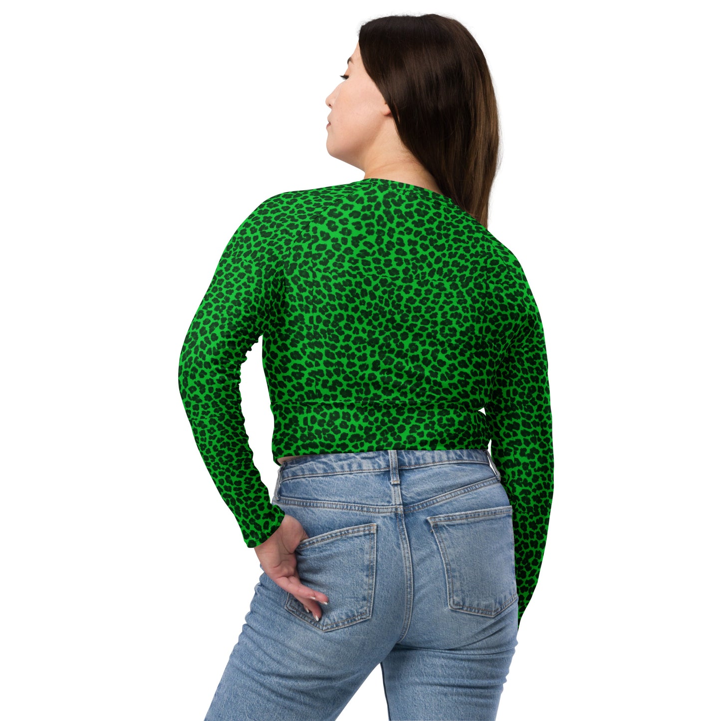 Sixty Eight 93 Logo White Cheetah Lime Green Recycled Long-Sleeve Crop Top