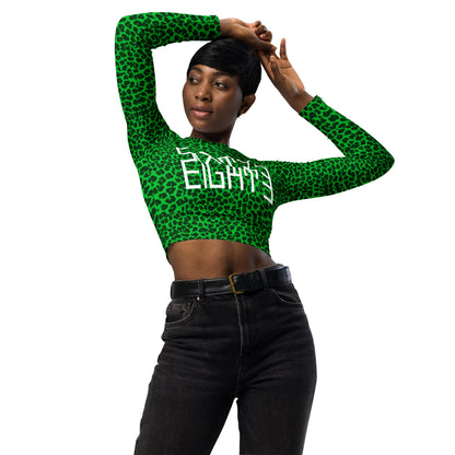 Sixty Eight 93 Logo White Cheetah Lime Green Recycled Long-Sleeve Crop Top