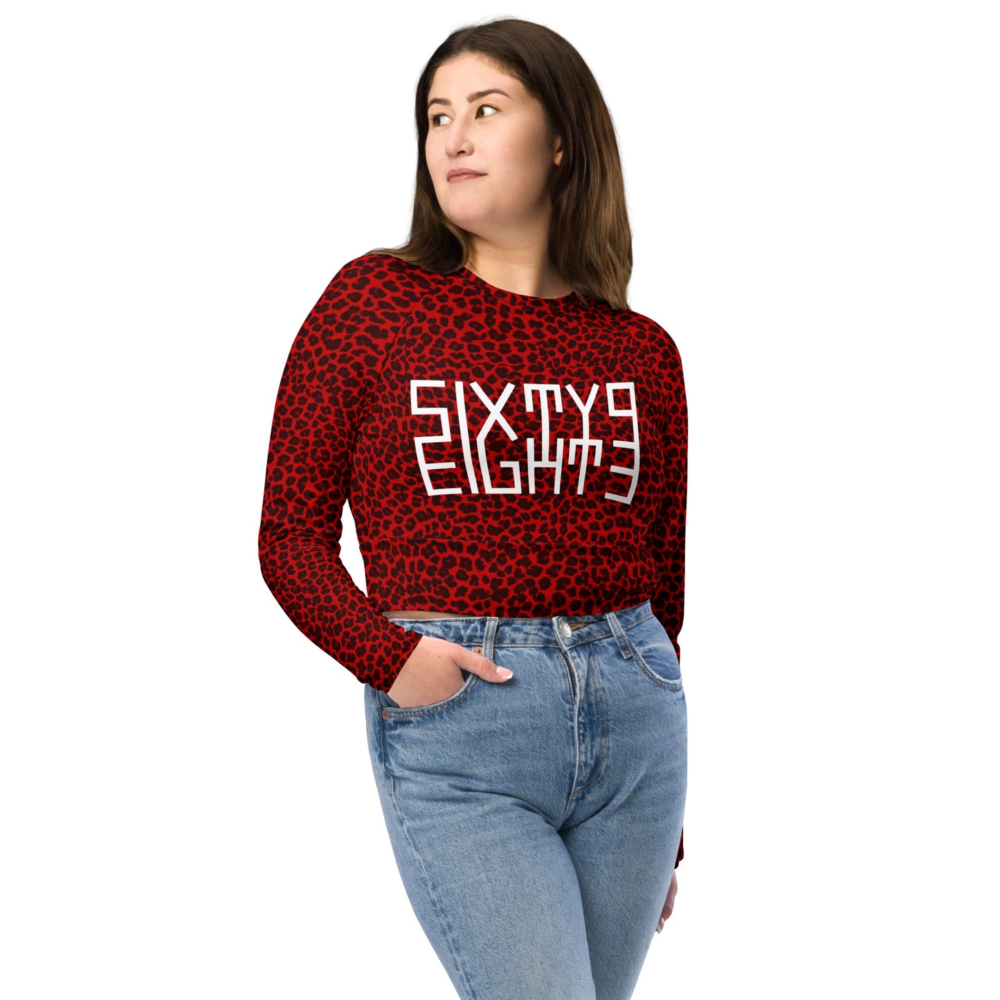 Sixty Eight 93 Logo White Cheetah Red Recycled Long-Sleeve Crop Top