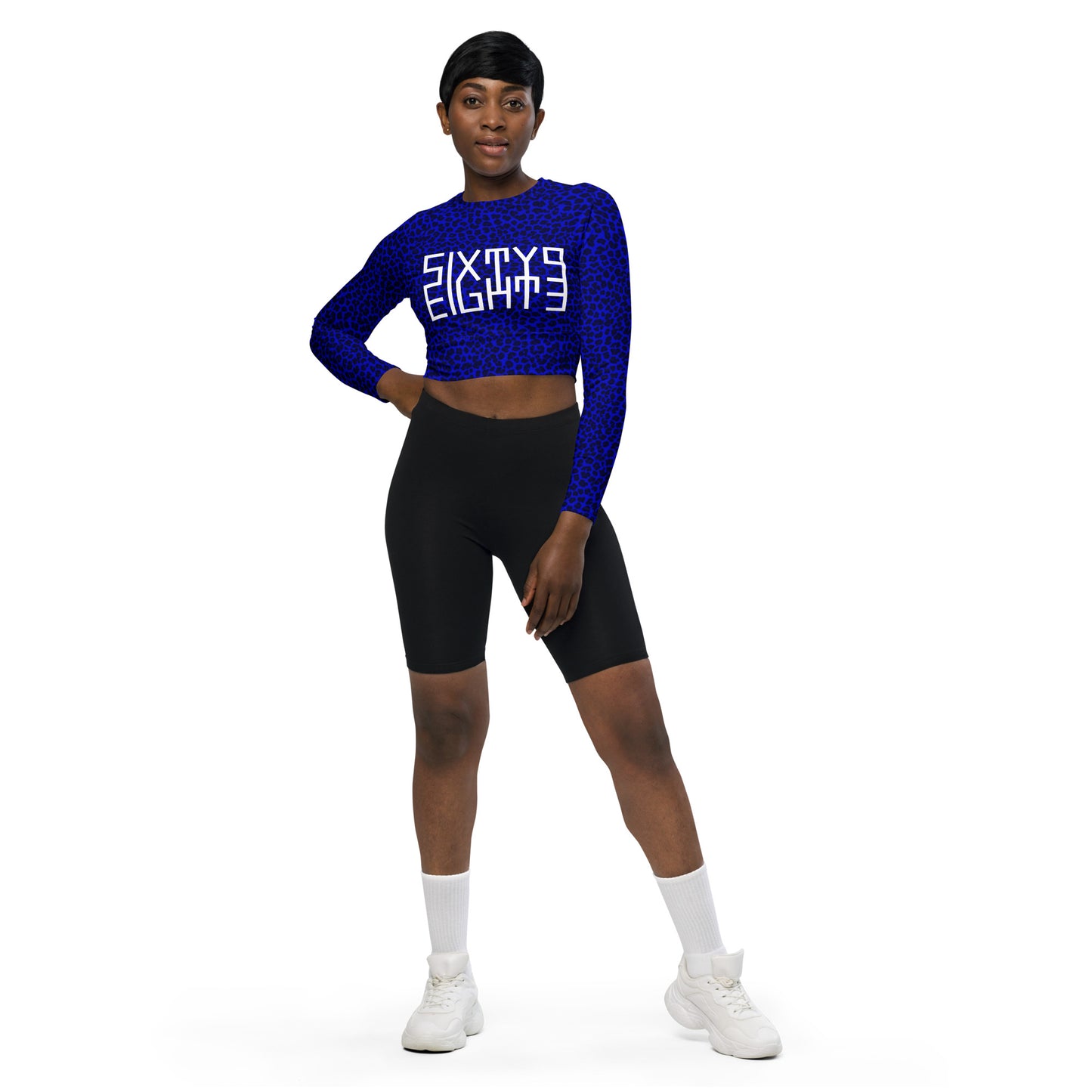 Sixty Eight 93 Logo White Cheetah Blue Recycled Long-Sleeve Crop Top
