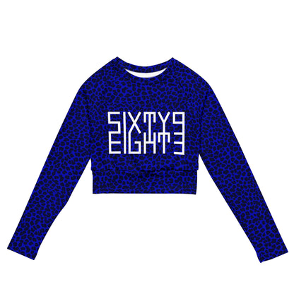 Sixty Eight 93 Logo White Cheetah Blue Recycled Long-Sleeve Crop Top