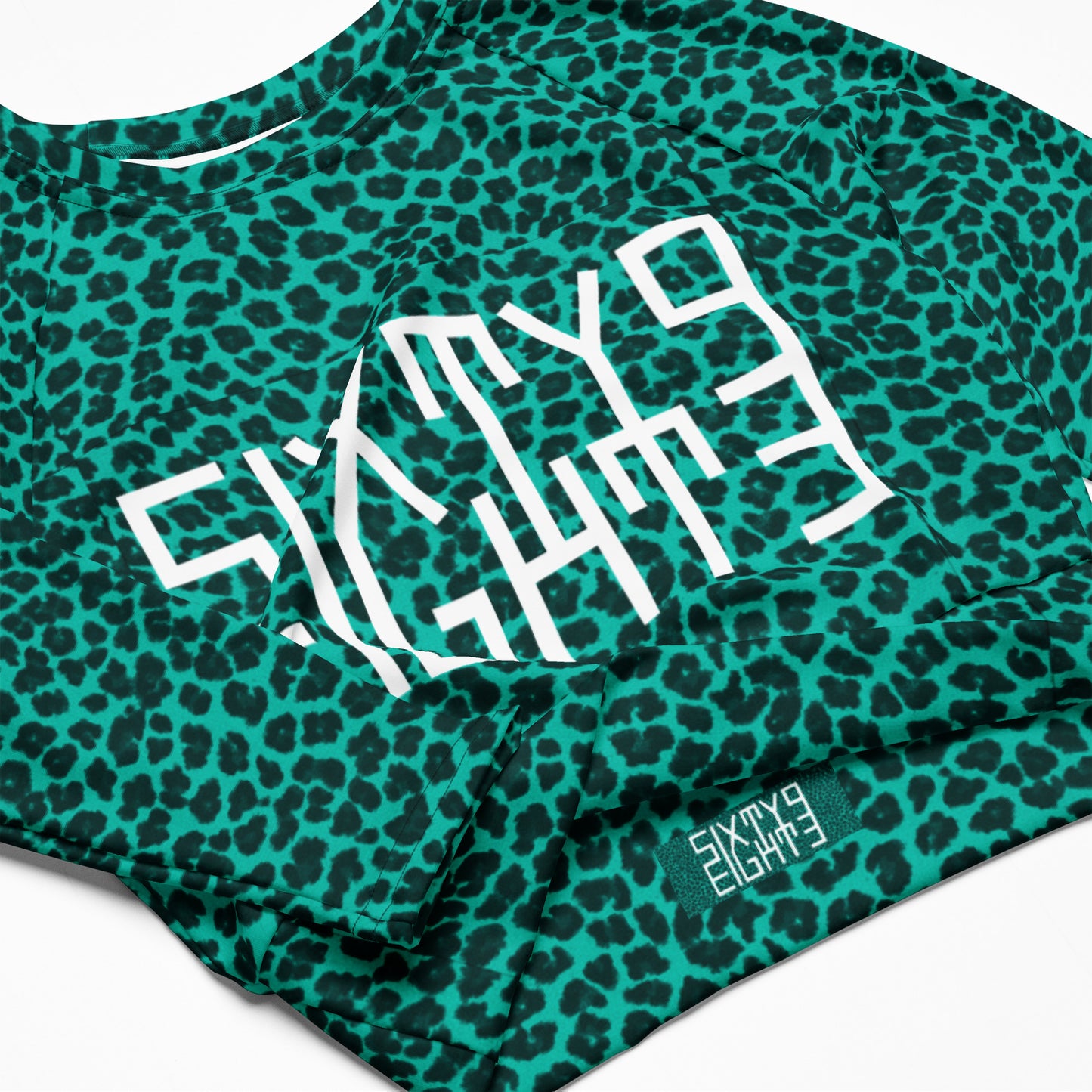Sixty Eight 93 Logo White Cheetah Aqua Blue Recycled Long-Sleeve Crop Top
