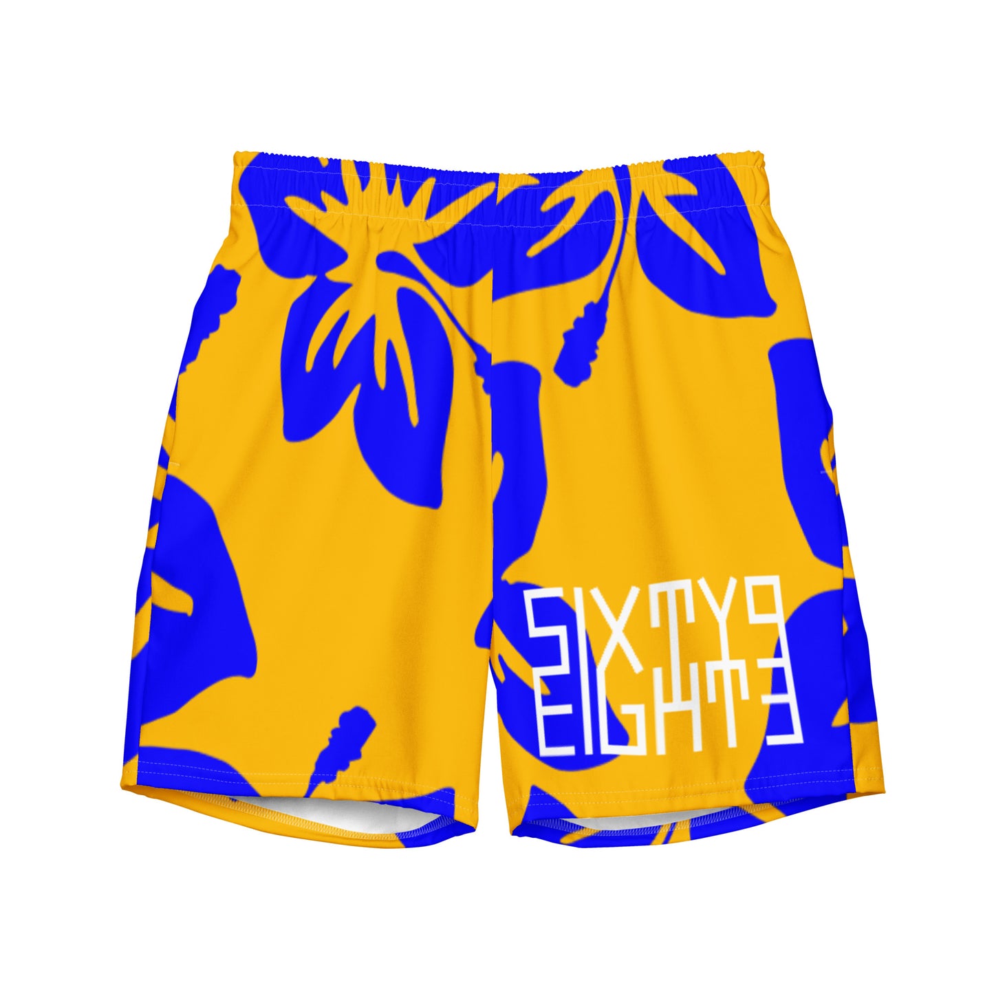 Sixty Eight 93 Logo White Hibiscus Blue & Orange Men's Swim Trunks