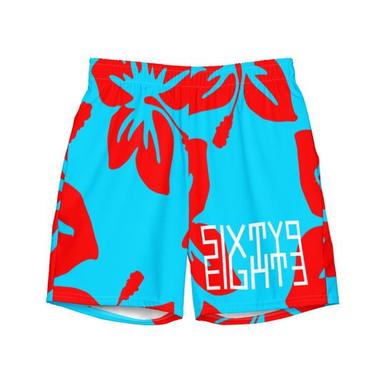 Sixty Eight 93 Logo White Hibiscus Red & Aqua Blue Men's Swim Trunks
