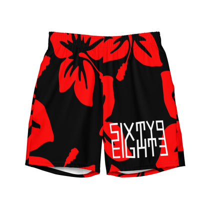 Sixty Eight 93 Logo White Hibiscus Red & Black Men's Swim Trunks