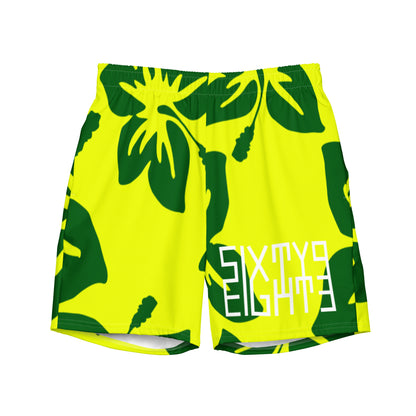 Sixty Eight 93 Logo White Hibiscus Forest Green & Yellow Men's Swim Trunks