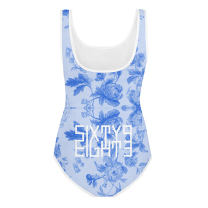 Sixty Eight 93 Logo White Floral Blue & White Youth Swimsuit