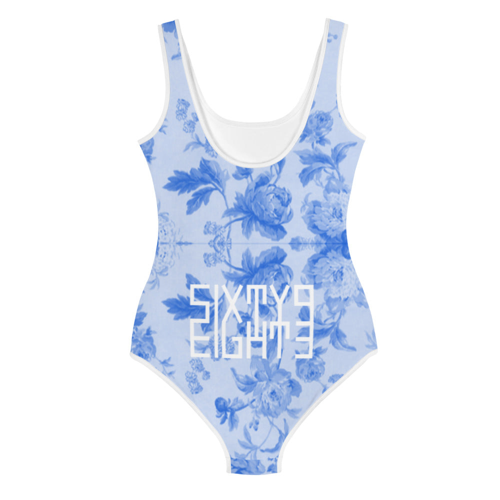 Sixty Eight 93 Logo White Floral Blue & White Youth Swimsuit
