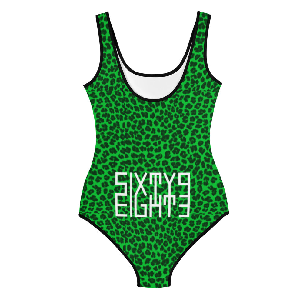 Sixty Eight 93 Logo White Cheetah Lime Green Youth Swimsuit