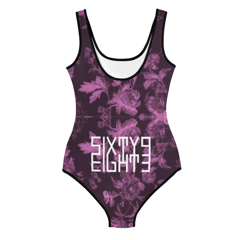 Sixty Eight 93 Logo White Floral Black & Pink Youth Swimsuit