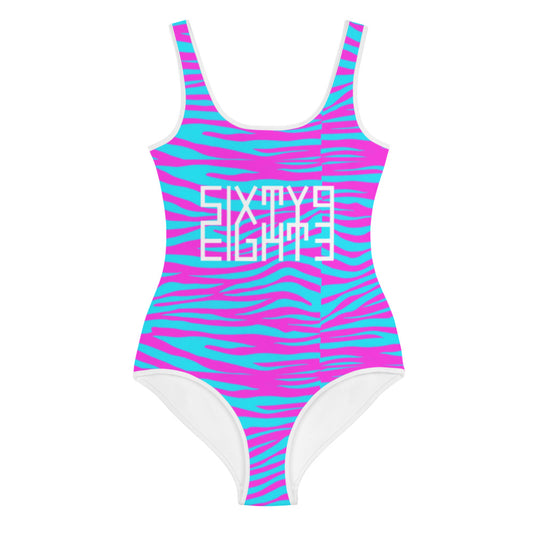 Sixty Eight 93 Logo White Zebra Blueberry Fuchsia Youth Swimsuit